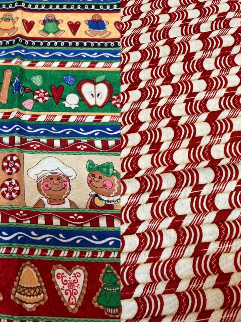 90s Cozy Christmas Fabric Gingerbread Apple Print and Candy Cane Stripes Holiday